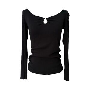 Y2K Express long-sleeve black tee with keyhole detail & diamanté button